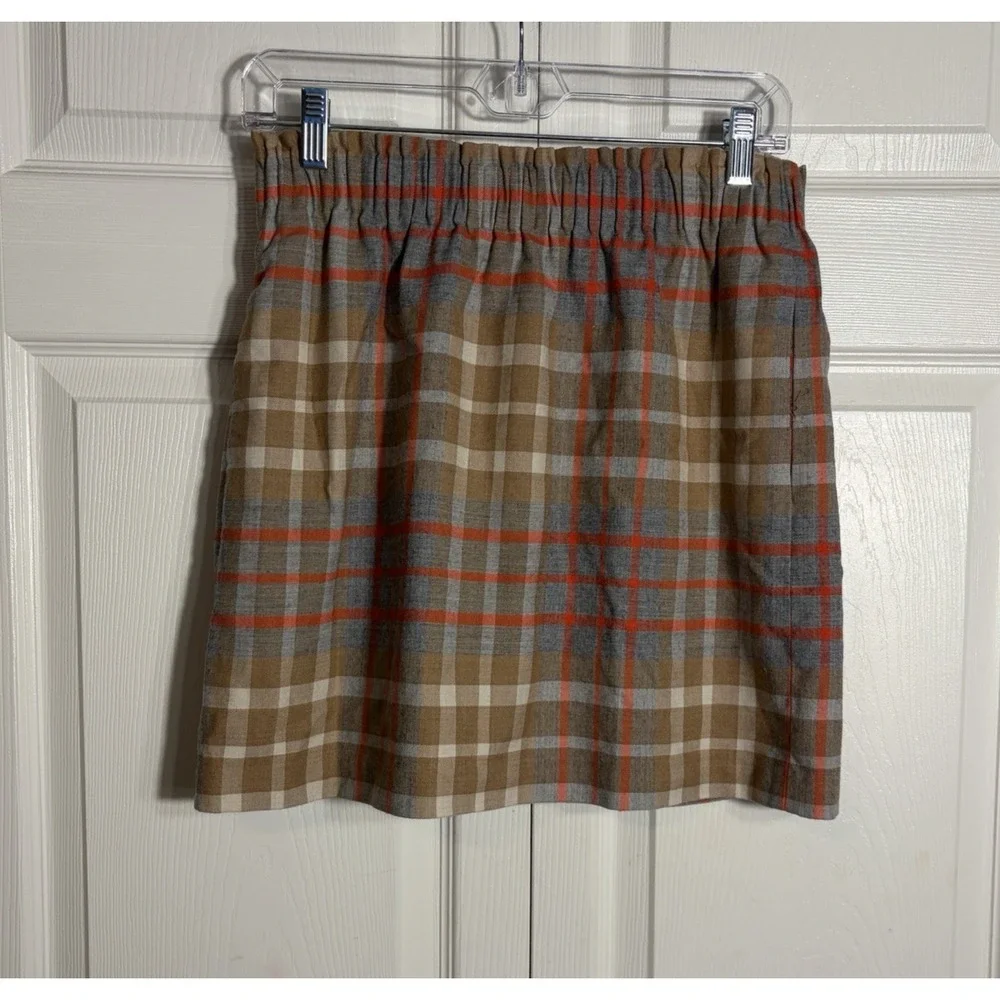 J Crew Plaid Mini Skirt Women 4 Brown Red Tan Wool Blend Tartan Plaid Pull On